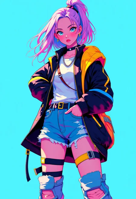Inkpunk Anime, realistic, full body portrait, wearing street fashion, colorful, blue background