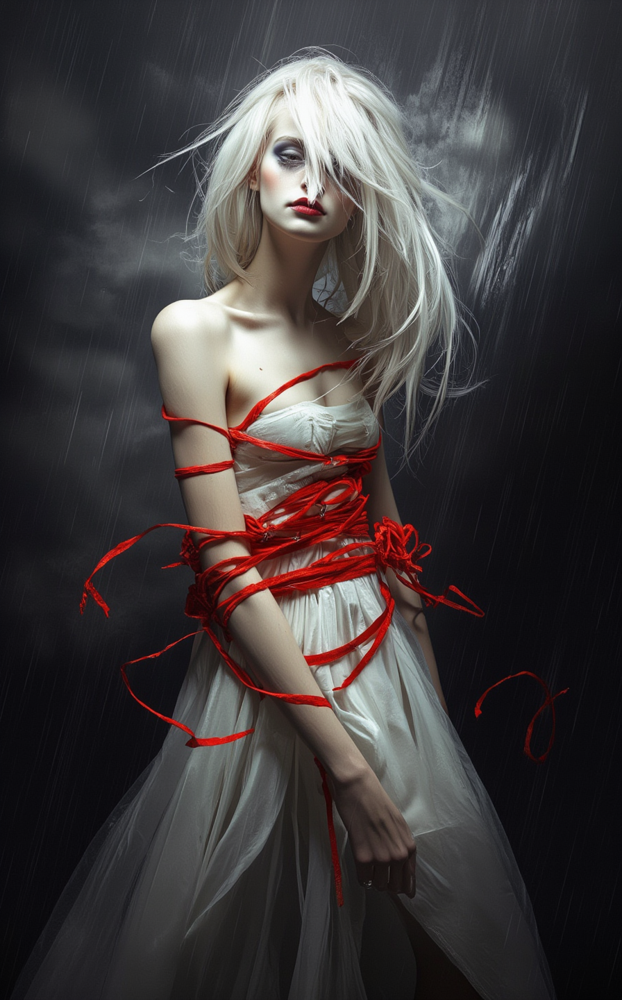 A woman, an albino with straight, silvery-white hair that cascades down her back like a waterfall, stands in the midst of a raging storm. Her pale, almost translucent skin glows faintly against the dark, swirling chaos around her. Her lips are painted with a subtle red lipstick, the only vivid color in her otherwise monochromatic appearance. She wears an elegant white dress that billows wildly in the howling wind, the fabric clinging to her slender frame as the storm tears at it. Her expression is one of fierce determination, her pale eyes burning with an otherworldly intensity as she strains forward, her body leaning into the gale.

But she is held back—bound by bright red ribbons that coil around her arms, torso, and legs like serpents. The ribbons are stark against the purity of her white dress, their crimson hue vivid and unsettling, like streaks of blood on snow. They pull taut, resisting her every movement, their ends disappearing into the storm’s darkness as if anchored by some unseen force. The contrast between her ethereal beauty and the violent, almost grotesque imagery of the ribbons is striking, a symbol of struggle and restraint.

The storm around her is a maelstrom of chaos—wind whips through the air, carrying debris and rain in a frenzied dance. The sky is a churning mass of gray and black, lit occasionally by flashes of lightning that illuminate her figure in stark relief. The sound of the storm is deafening, a cacophony of howling wind, crashing thunder, and the relentless pounding of rain. Yet, amidst the chaos, she remains a focal point, her presence both fragile and powerful.

Her struggle is palpable, every muscle in her body taut as she fights against the ribbons that bind her. The ribbons seem alive, their ends flailing wildly in the wind, their color a vivid reminder of the forces that seek to hold her back. The scene is a metaphor—a battle between purity and corruption, freedom and restraint, light and darkness. She is a figure of otherworldly grace, caught in a moment of defiance, her determination shining through even as the storm threatens to consume her. The red ribbons, the white dress, and the chaotic storm create a visual and emotional tension that is both haunting and unforgettable.