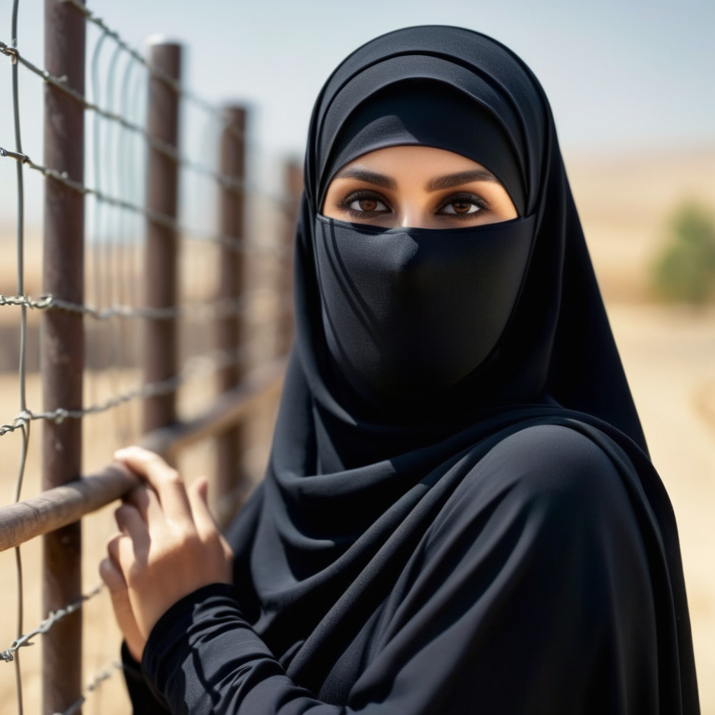 UHD, 4k, ultra detailed, cinematic, a photograph of  <lora:hijab:1>
a woman wearing a niqab is standing by a fence Hijab style, epic, beautiful lighting, inpsiring