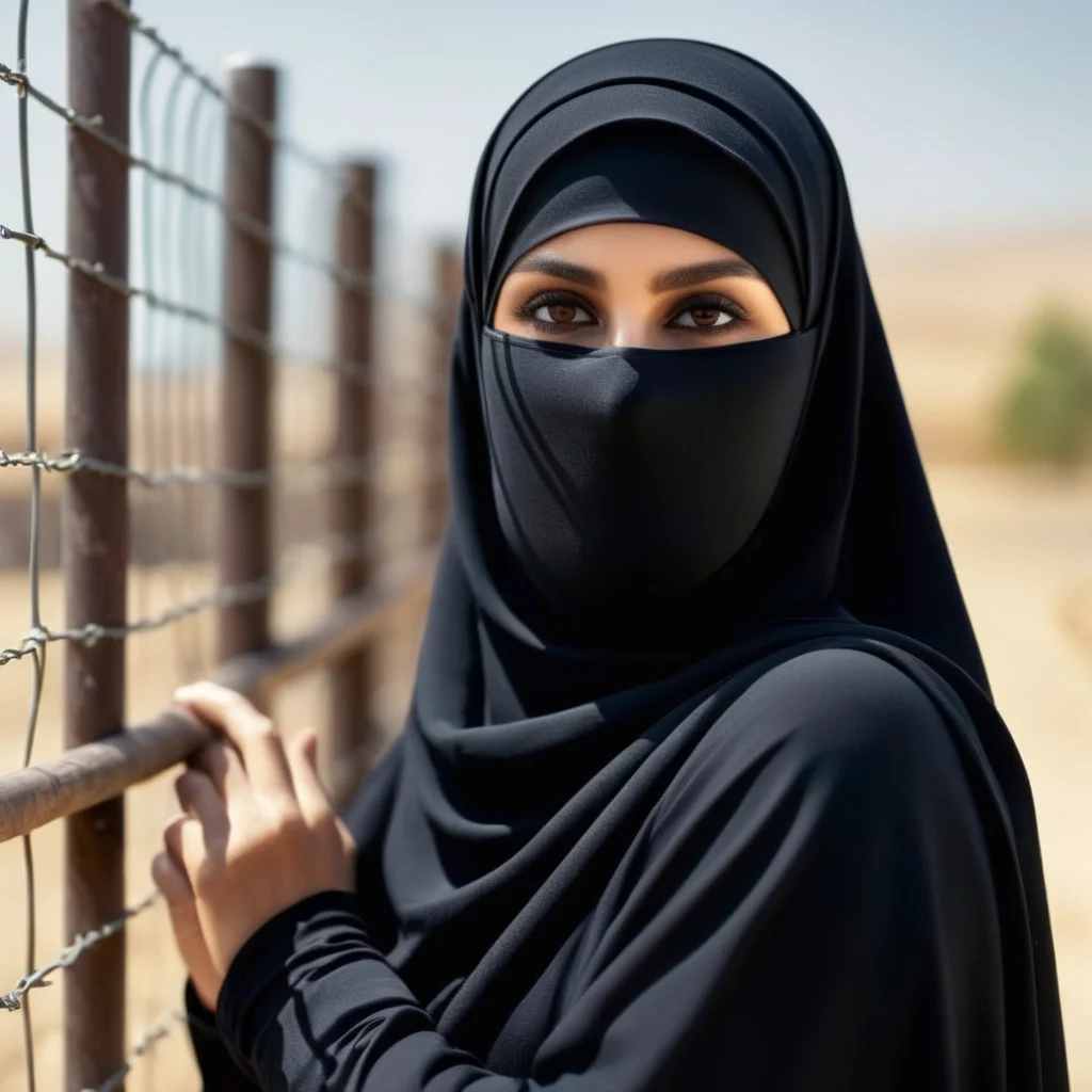UHD, 4k, ultra detailed, cinematic, a photograph of  <lora:hijab:1>
a woman wearing a niqab is standing by a fence Hijab style, epic, beautiful lighting, inpsiring