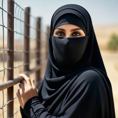 UHD, 4k, ultra detailed, cinematic, a photograph of <lora:hijab:1>
a woman wearing a niqab is standing by a fence Hijab style, epic, beautiful lighting, inpsiring