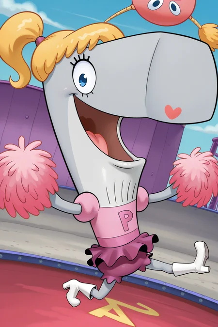 masterpiece, best quality, amazing quality, absurdres, solo, pearlkrabs, grey skin, smile, open mouth, pom pom \(cheerleading\), jumping, looking at viewer, dutch angle, blonde hair, ponytail, pink dress, purple skirt, white heels, outdoors, stage