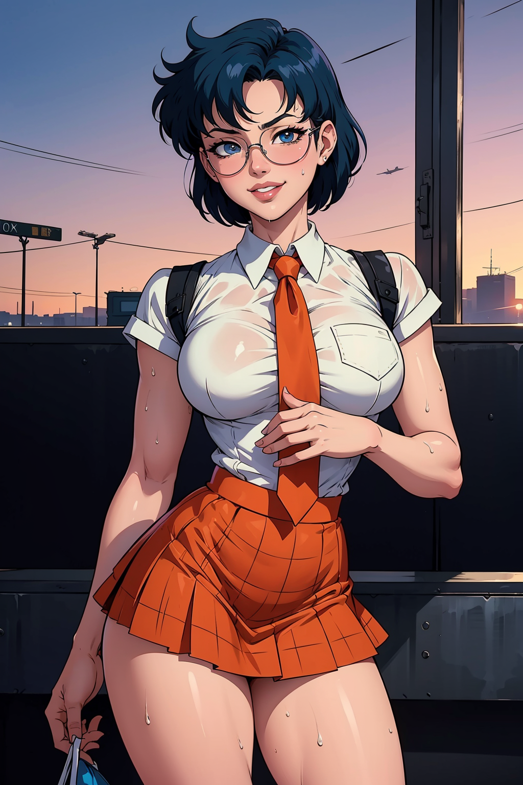 (masterpiece), 1girl, solo, perfect sexy female body,  anime screencap,1990s \(style\), (art by Naoko Takeuchi), short hair, blue hair, wet hair, blue eyes, <lora:EPsmSailorMercury-07:0.7>, EPsmSailorMercury, perfect lips
BREAK
out-of-frame censoring, airport, dusk, own hands together, collared shirt, orange necktie, pleated plaid_skirt, sunglasses, smirk