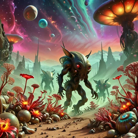 Full body photo of an alien creature running to viewer with another world extraterrestrial landscape, surreal mountains, with giant alien flower animals, live shrooms, fantasy dream, starry sky with large planets, transparent plasma tubes, detailed hyperrealism, 35mm photography, edgy street art, dynamic angle, flowing colors, fractal art, intricate, science fiction, alien species