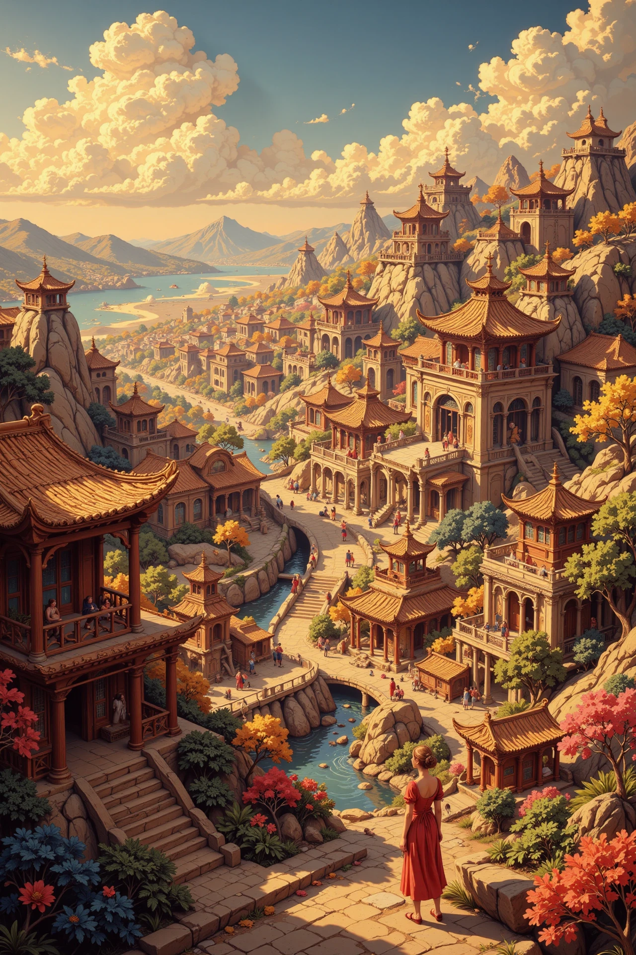 An oriental fantasy city beautiful  landscape, golden hour, woman, very intricate, very detailed, sharp, bright, colorful, <lora:Hand v2:0.5> <lora:Anti-Blur:1><lora:Insane Detail Slider:0.25>  <lora:flux.1_lora_flyway_Epic-detail_v2:0.3> <lora:fluxenhancer:0.25> <lora:ANIcoMEij:0.7> realistic
