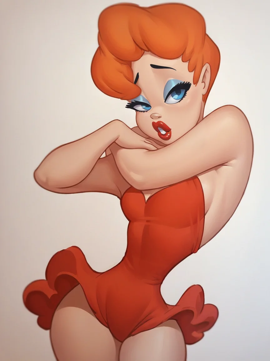 score_9, score_8_up, score_7_up, score_6_up, score_5_up, <lora:texaveryXLP:1> tex avery, 1girl, orange hair, solo, lipstick, blue eyes, short hair, red dress,