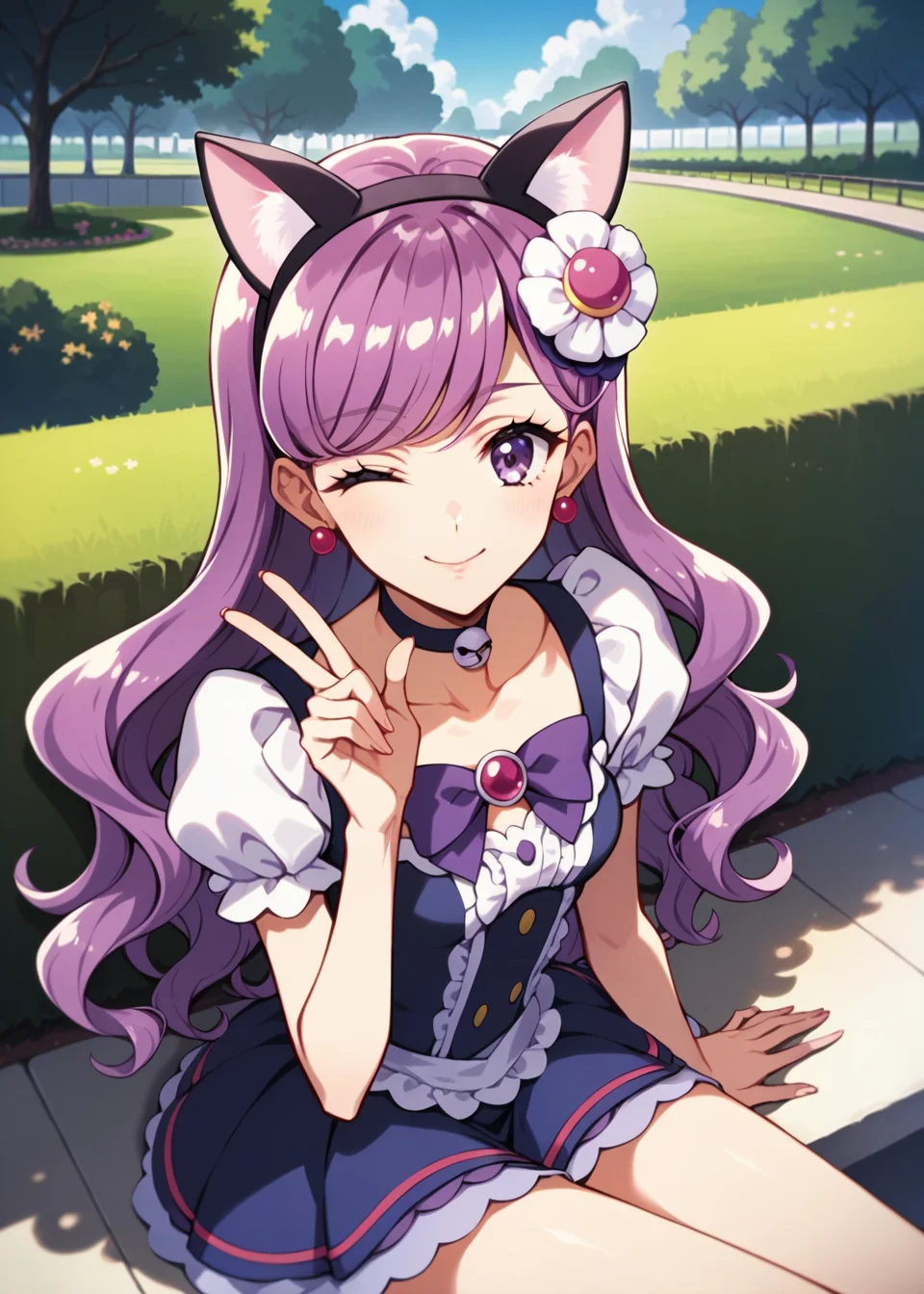 score_9,score_8_up,score_7_up,masterpiece, best quality, source_anime, 1 girl,<lora:Smooth Anime:0.8> sitting, wink, smile, park, outdoor, close up,
<lora:Cure Macaron:0.6> Cure Macaron, Kotozume Yukari, fake cat ears, purple bow choker, macaron hair ornament, red earrings, purple hair, purple eyes, wavy hair, long hair, <lora:add-detail-xl:0.8>