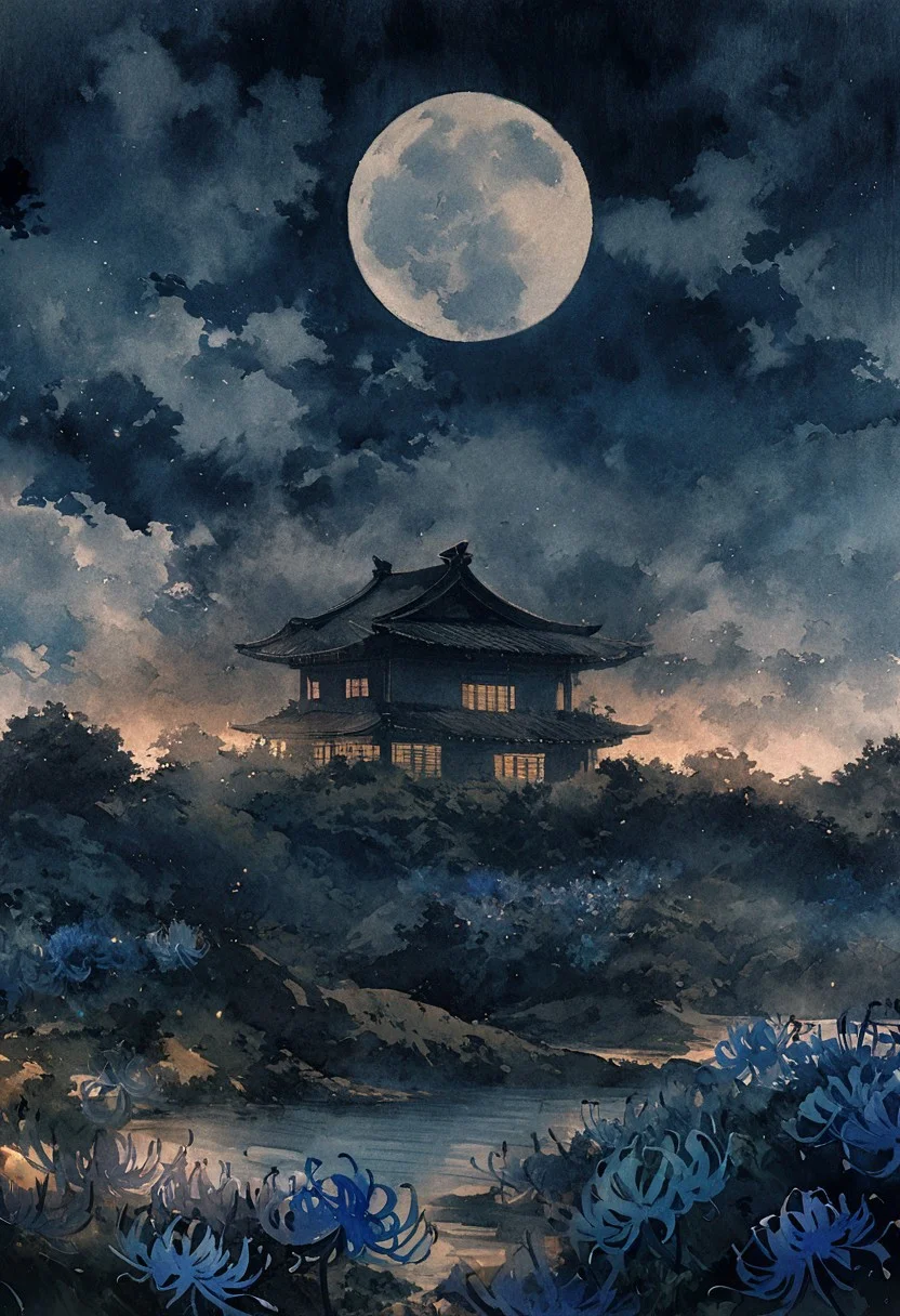 gold foil, <lora:novuschroma27 style:1.4> , novuschroma27, watercolor, detailed landscape, fantastic, great lighting,( Calm Autumn night landscape), beautiful view, Japanese house, night, moon, moonriver,( garden filled with blooming blue spider lilies),( blue Spider Lily:1.5), beautiful clouds, depth of field, masterpiece, best quality, ultra-detailed, very aesthetic, illustration, perfect composition, intricate details, absurdres, moody lighting, RAW, no humans,