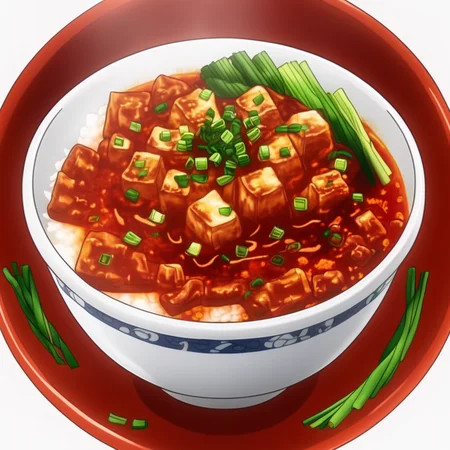 The image displays a bowl of mapo tofu with a deep red sauce, topped with green onions. The bowl is round and transparent, filled with small cubes of tofu and what appears to be meat, almost reaching the brim. The background of the image is white, accentuating the vibrant color of the dish and its toppings., <lora:Shokugeki_food:0.85>
