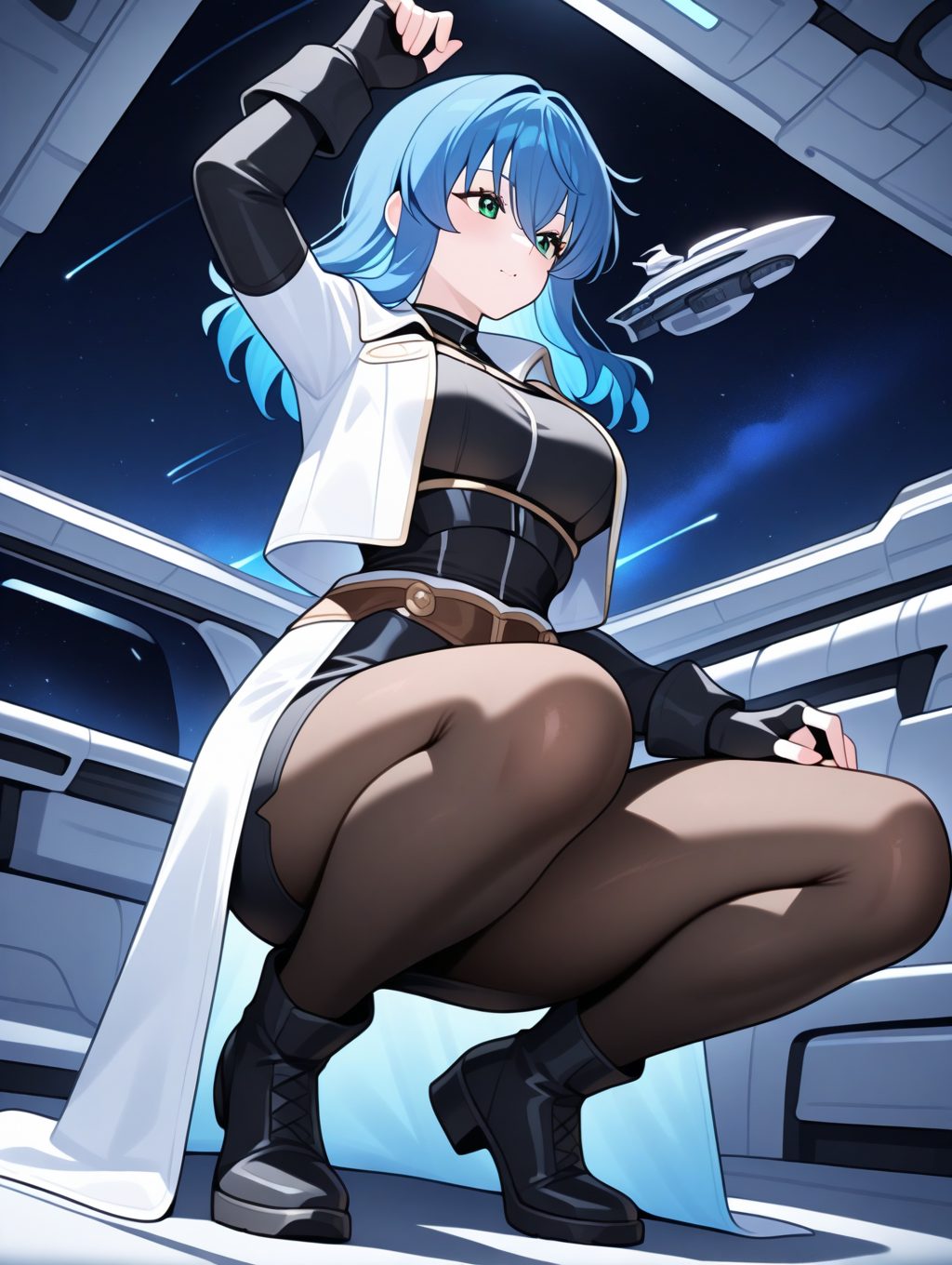 perfect quality,best quality,absolutely eye-catching,ambient occlusion,raytracing BREAK
1girl,<lora:maria IL v1.1:0.8>,maria,solo,green eyes,fingerless gloves,blue hair,open jacket,black pencil skirt,pantyhose,black shirt,black long sleeves,separate white coat,breasts plate,space ship,indoors,, from below, looking away,medium_shot,on_side,poking,arm_up,squatting,_open_legs,