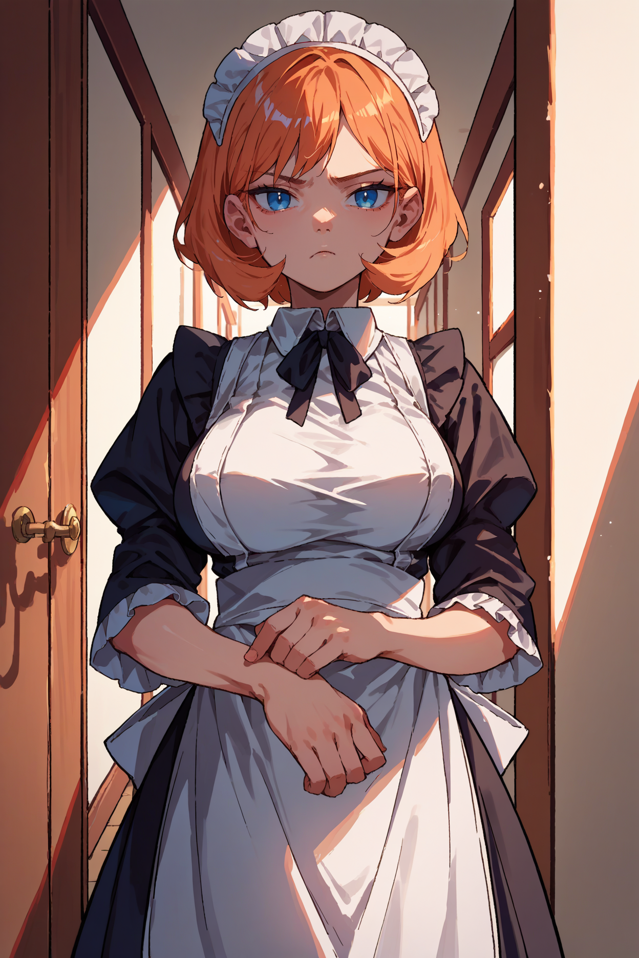 score_9, score_8_up, score_7_up, score_6_up, source_anime, 1girl, solo, <lora:pmpgrunt-pdxl-nvwls-v1-000006:1> pmpgrunt, orange hair, medium hair, blue eyes, large breasts, maid headdress, maid dress, apron, looking at you, bored, hallway