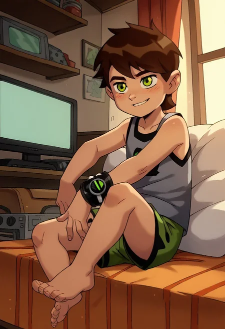 score_9, score_8_up, score_7_up, score_6_up, score_5_up, score_4_up, cute boy , brown hair, green eyes, bracelet, smog slime, wear pajamas, tiny shorts , Tank top shirt , bare foot , sitting in a chair , messy bedroom , TV , games , windows , sun.