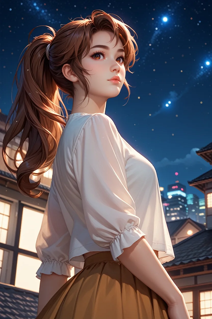score_9, score_8_up, score_7_up,
<lora:DOAKasumi:0.8>
DOAKasumi, 1girl, brown hair, brown eyes, long hair, ponytail, looking at viewer, standing on a rooftop at night, city lights twinkling below, wind gently blowing hair, starry sky above, mysterious and enchanting ambiance