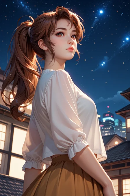 score_9, score_8_up, score_7_up,
<lora:DOAKasumi:0.8>
DOAKasumi, 1girl, brown hair, brown eyes, long hair, ponytail, looking at viewer, standing on a rooftop at night, city lights twinkling below, wind gently blowing hair, starry sky above, mysterious and enchanting ambiance