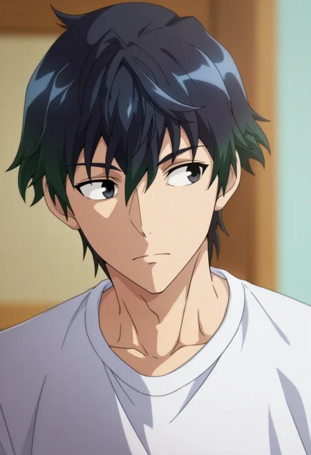 masterpiece, best quality, amazing quality,high resolution,intricate details,official style,depth of field,anime coloring , , , 1boy, solo, male focus,  <lora:Desir_Herrman:0.73>,desir herrman,black hair,black eyes,short hair,multicolored hair,close up,t-shirt,closed mouth, upper body, blurry, looking to the side