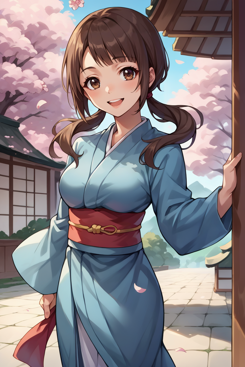 score_9, score_8_up, score_7_up, score_6_up, source_anime, 1girl, solo, <lora:okitasawa-pdxl-nvwls-v1-000006:1> okitasawa, brown hair, low twintails, blue kimono, sash, medium breasts, happy, cherry blossoms