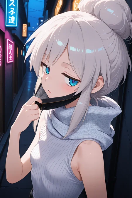 1girl,
DeuxMurasameGundamGQ, DMNormalOutfit,
sensitive, solo, perspective, from side, close-up, upper body,
grey hair, blue eyes, colored eyelashes, collarbone,
jitome,
mouth mask, unworn mask,
white scarf, plaid, sleeveless shirt, white shirt,
looking at viewer, hand up, mask pull, open mouth, blush,
night, alley, neon light, rim lighting,
depth of field,
<lora:kp_DeuxMurasameGundamGQIllustrious_v1_1:1.0>,
masterpiece, best quality, amazing quality