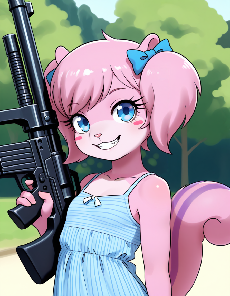 masterpiece, best quality, very aesthetic, absurdres,
outdoors, 
upper body, posing, 
sundress, holding huge gun,
evil grin, evil look, long eyelashes,
 <lora:Twiggy_v01_NAIXL:1>
Tw166y,1girl,solo,furry,furry female,squirrel girl,pink hair,squirrel ears,short hair,twintails,hair bow,blue eyes,blush stickers,animal nose,body fur,pink fur,squirrel tail,