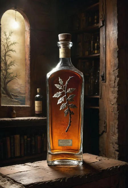 realistic photo of a (ancient bottle:1.1), oak wood shelves, redwood, vivacious,  bold lines, hyper detailed, award winning, high contrast, depth of field, (intricate details, masterpiece, best quality), dramatic cinematic lighting, whiskey bottle, cosmic energy label, imperial hue, laurel leaves, roman style  <lora:add-detail-xl:0.7> <lora:xl_more_art-full_v1:0.7>   <lora:Desolation:0.5>