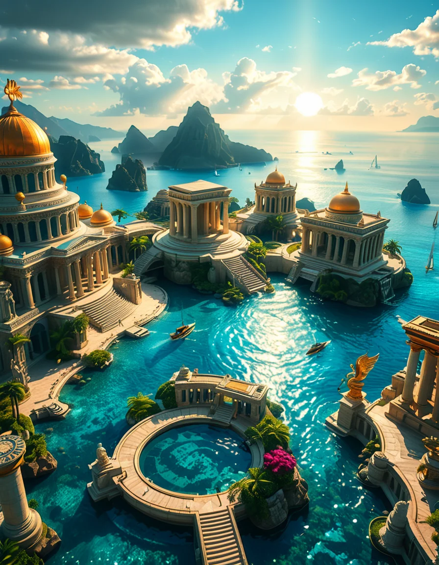 A breathtaking view of the lost city of Atlantis, submerged beneath crystal-clear ocean waters. The city showcases a magnificent blend of ancient Greek and futuristic architecture, with towering marble temples, golden domes, and intricate carvings glowing under the soft bioluminescent light of coral reefs. Majestic pillars and archways, partially covered in coral and algae, rise from the ocean floor, creating an atmosphere of mystery and forgotten grandeur. The sunlight filters through the water, casting shimmering patterns on the grand stone pathways and illuminating massive statues of gods and mythical beings, eroded by time. The scene is peaceful and awe-inspiring, with an ethereal blue glow enhancing the dreamlike, almost magical quality of this underwater utopia. No marine creatures or human presence disrupt the timeless serenity of this lost civilization.
<lora:atl4nt1s:1>,atl4nt1s,<lora:SDXLFaeTastic2400:0.4> <lora:extremely_detailed:0.4> extremely detailed, Masterpiece,best quality,hi res,8k,hi res,8k,award winning,(sharp focus, intricate, highly detailed),