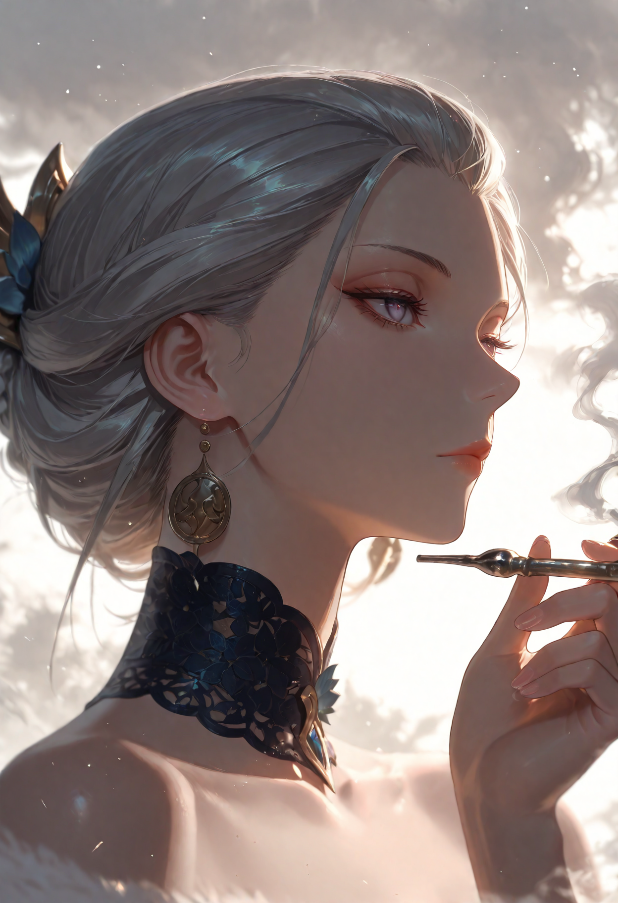 1girl, Tianlu Xuannu, default hair, border,expressionless,flower,hand up,holding,holding smoking pipe, lace collar,portrait,smoke,smoking,smoking pipe,solo, white background,
(Smooth Quality - Illustrious:0.8), masterpiece,best quality,amazing quality, absurdres, (impressionism), ultra-HD, 8k, fit body, highest quality, volumetric lighting, (cinematic composition:1.3), (sharp focus:1.2), (depth of field:1.2), (adult), wide eyes, (mature female:1.2), very aesthetic, smooth image, action lines, motion lines, motion blur, (detailed face and eyes:1.3),
<lora:illustrious_quality_modifiers_masterpieces_v1:0.6>  <lora:ponyv4_noob1_2_adamW:0.4> <lora:FINALE:0.4>  <lora:I_Am_The_Fated_Villain:0.6> <lora:g0thicILL:0.4> <lora:USNR STYLE_XL_loha:0.3>
