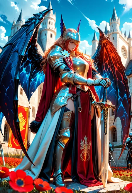 SmoothNoob_Quality, Digital painting, majestic, winged knight, gleaming full plate armor, large dark blue wings, draconic wings, standing, field of red poppies, white flowers, holding a longsword, planted long sword, hands on hilt, vibrant red banners, Spanish-style coat of arms, golden stars, white castle behind, army of knights, bright blue sky, clouds, heroic, dynamic lighting,<lora:Smooth_Booster_v3:0.5>