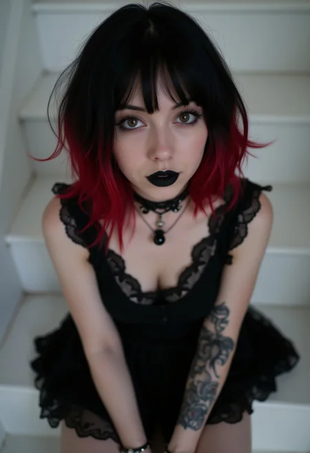 Goth girl with two-tone black and red hair. Short wavy hair. Black lace dress and black choker on her neck. Blackwork tattoo on her arm and black pendant on her neck. Sitting on white stairs. Emo makeup with black lipstick. Looking at the camera. Pale skin and brown eyes. From above. Photograph, realistic, higly detailed, atmospheric perspective, dim colors, Depth of field 100mm. midjourneyv6.1, detailmaximizer, Goth GIrl