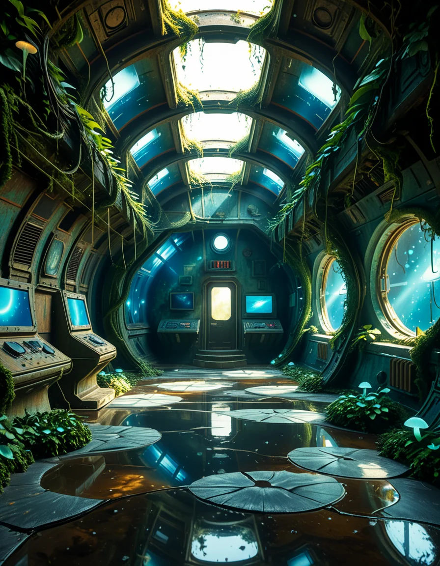 The interior of an ancient abandoned spaceship, overtaken by lush vegetation. The walls and ceiling are covered in thick, twisting vines and moss. Strange alien plants glow faintly in shades of blue and green, casting an eerie, mystical light across the metallic surfaces. Rusted control panels and shattered glass windows hint at a long-forgotten past. The floor is cracked and partially flooded with still, reflective water. Patches of bioluminescent fungi cling to the corners, adding a surreal atmosphere. The air feels heavy with moisture, and beams of soft, diffused light filter through holes in the hull, creating dramatic shafts of light and shadow. The overall style is hyper-realistic, rich in textures, with a cinematic and slightly melancholic mood.<lora:SDXLFaeTastic2400:0.4> <lora:extremely_detailed:0.4> extremely detailed,<lora:ancient_abandoned_sp4c3sh1p:1>,ancient abandoned sp4c3sh1p, Masterpiece,best quality,hi res,8k,hi res,8k,award winning,(sharp focus, intricate, highly detailed),