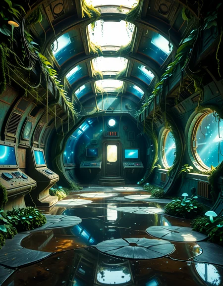 The interior of an ancient abandoned spaceship, overtaken by lush vegetation. The walls and ceiling are covered in thick, twisting vines and moss. Strange alien plants glow faintly in shades of blue and green, casting an eerie, mystical light across the metallic surfaces. Rusted control panels and shattered glass windows hint at a long-forgotten past. The floor is cracked and partially flooded with still, reflective water. Patches of bioluminescent fungi cling to the corners, adding a surreal atmosphere. The air feels heavy with moisture, and beams of soft, diffused light filter through holes in the hull, creating dramatic shafts of light and shadow. The overall style is hyper-realistic, rich in textures, with a cinematic and slightly melancholic mood.<lora:SDXLFaeTastic2400:0.4> <lora:extremely_detailed:0.4> extremely detailed,<lora:ancient_abandoned_sp4c3sh1p:1>,ancient abandoned sp4c3sh1p, Masterpiece,best quality,hi res,8k,hi res,8k,award winning,(sharp focus, intricate, highly detailed),