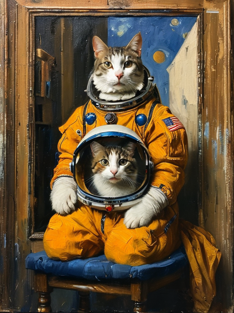 masterpiece,best quality,<lora:tbh122-sdxl:0.9>,portrait of cat astronaut,oil painting,style of Jan Vermeer,