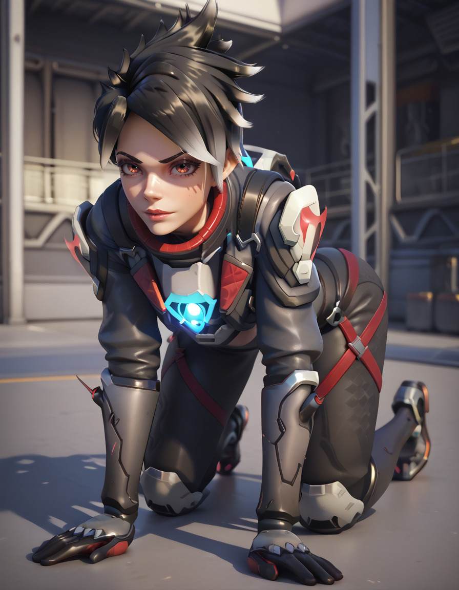 score_9, score_8_up, score_7_up, 1girl, medium shot, ,2.5d,operativeoxton, tracer (overwatch), <lora:Operative_Oxton_Pony-000040:1>  On all fours