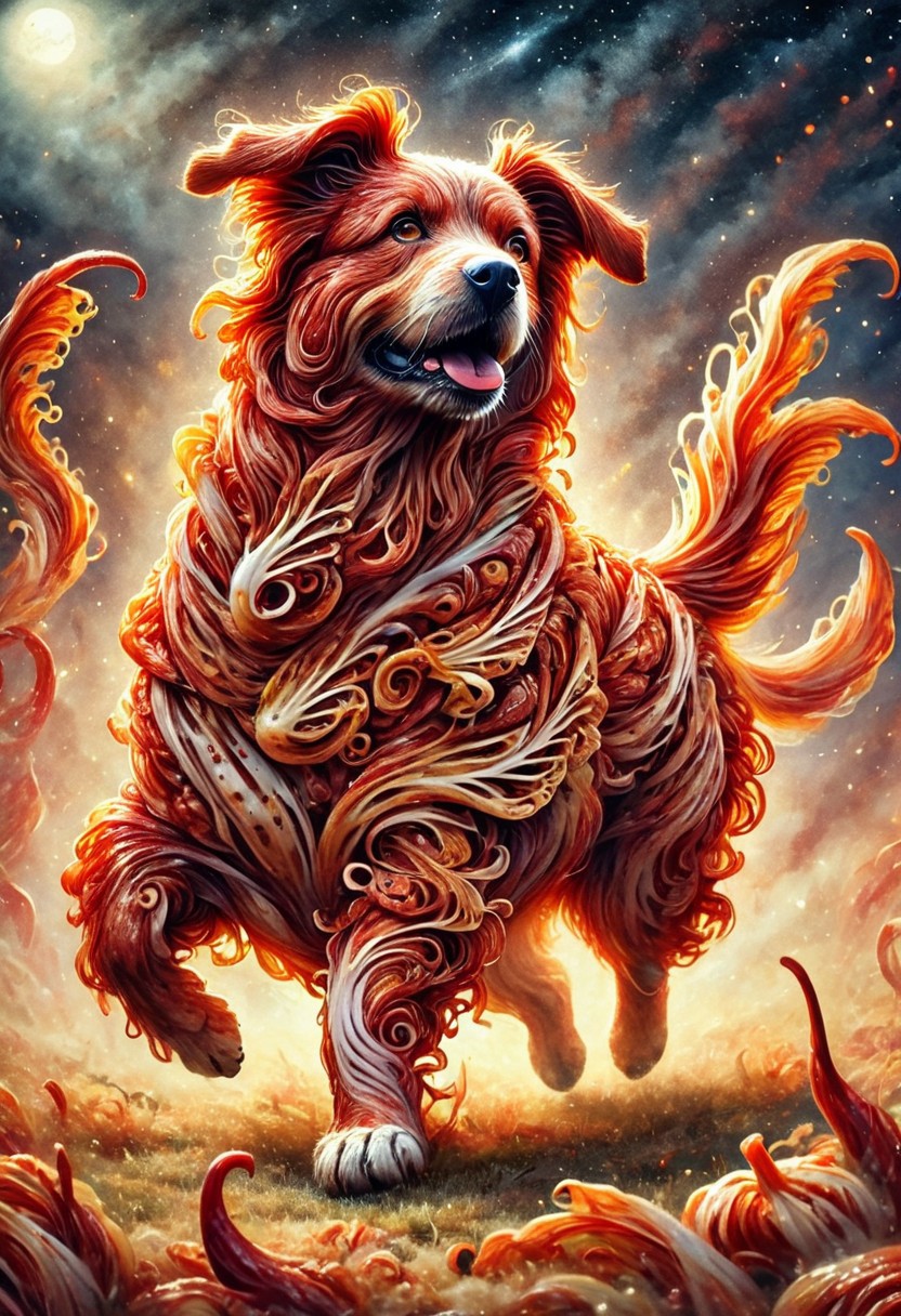 k1mch1, watercolor painting, close up, a dog made of kimchi running through a field, night sky, moon, best quality, extremely high detailed, masterpiece
