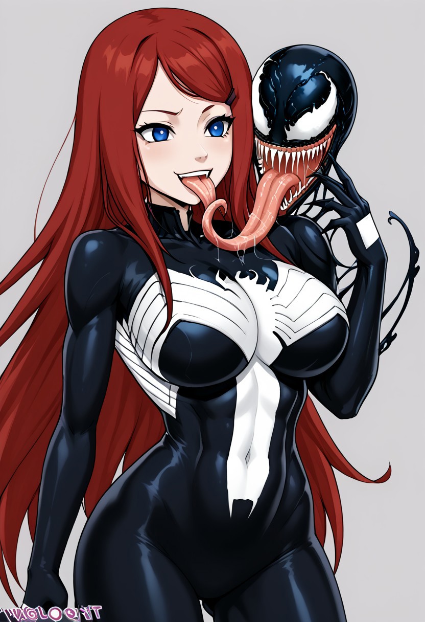 score_9, score_8_up, score_7_up, score_6_up, source_anime,rating_explecit,anime coloring, 1girl ,   details, <lora:Expressive_H:1>   <lora:She Venom LoCon:1> she venom, black detailed, big symbols spider , perfect symbols spider, big logo spider white on suit,<lora:Symbiote:0.6>,large breast,solo, very long hair,  long tongue , black hair, long hair, ,very long hair , silky hair,hand touching own tongue, tongue licking own finger, tongue tied with tight own hand, big tongue, largest tongue, saliva , green saliva, biggest saliva, hanabi hyuuga, long hair, red hair, hair clips, blue eyes,black suit, venom suit , bodysuit, full black suit, big symbols spider white on suit,stand up, standing up,<lora:kushina-uzumaki-shippuden-anime-ponyxl-lora-nochekaiser_r1:1>, kushina, long hair, hair ornament, red hair, hairclip, swept bangs, large breasts,