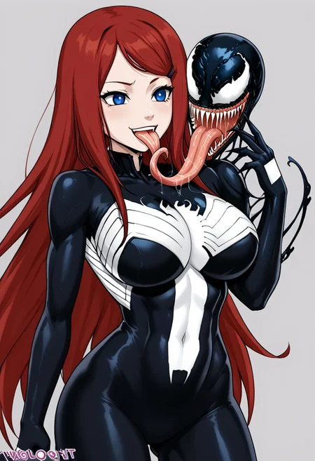 score_9, score_8_up, score_7_up, score_6_up, source_anime,rating_explecit,anime coloring, 1girl , details, <lora:Expressive_H:1> <lora:She Venom LoCon:1> she venom, black detailed, big symbols spider , perfect symbols spider, big logo spider white on suit,<lora:Symbiote:0.6>,large breast,solo, very long hair, long tongue , black hair, long hair, ,very long hair , silky hair,hand touching own tongue, tongue licking own finger, tongue tied with tight own hand, big tongue, largest tongue, saliva , green saliva, biggest saliva, hanabi hyuuga, long hair, red hair, hair clips, blue eyes,black suit, venom suit , bodysuit, full black suit, big symbols spider white on suit,stand up, standing up,<lora:kushina-uzumaki-shippuden-anime-ponyxl-lora-nochekaiser_r1:1>, kushina, long hair, hair ornament, red hair, hairclip, swept bangs, large breasts,