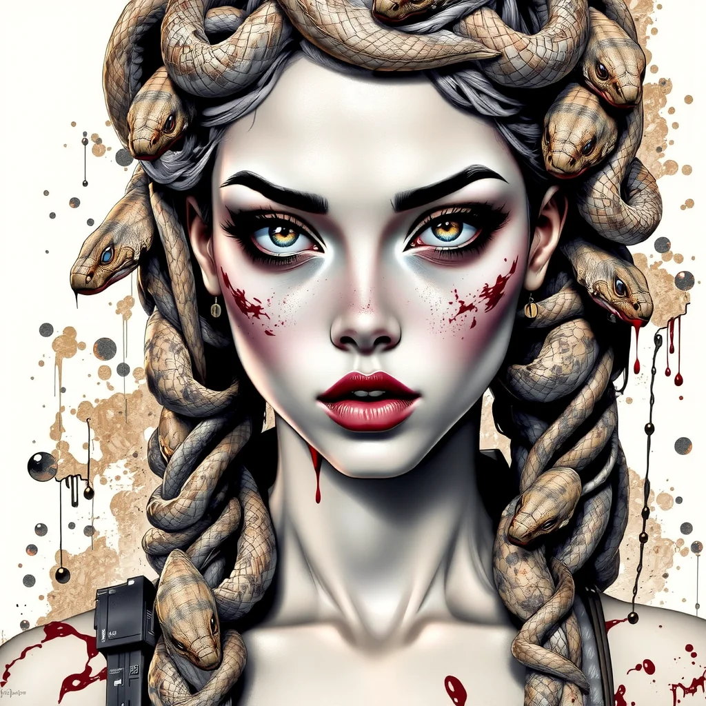babel-pencil, A woman with Medusa-like snakes in her hair, close-up portrait.  Hyperrealistic style, with painterly, impressionistic brushstrokes and texture.  The woman's face has a serious, intense expression, and her eyes are striking.  Her skin is a pale, muted tone with subtle freckles and streaks of dark, bloody texture.  The snakes are a mixture of muted grays, browns, and tans, with detailed scales, and are draped over her head and neck in a flowing pattern.  Dripping, dark red blood or crimson stains appear in places, adding drama and enhancing the mythological theme.  Paint is loosely applied, yet precise in details about the texture on the face, snakes, and skin tone.  The background is a soft, muted color scheme, with splashed, watercolor-like effects in browns, beiges, and grays.  The overall composition is dramatic and evocative of a mythical creature.   Heavy use of texture and shading.