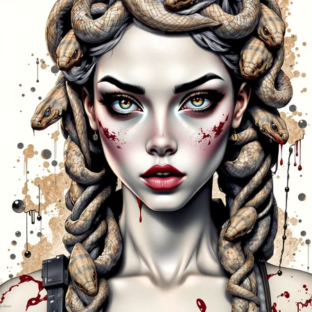 babel-pencil, A woman with Medusa-like snakes in her hair, close-up portrait.  Hyperrealistic style, with painterly, impressionistic brushstrokes and texture.  The woman's face has a serious, intense expression, and her eyes are striking.  Her skin is a pale, muted tone with subtle freckles and streaks of dark, bloody texture.  The snakes are a mixture of muted grays, browns, and tans, with detailed scales, and are draped over her head and neck in a flowing pattern.  Dripping, dark red blood or crimson stains appear in places, adding drama and enhancing the mythological theme.  Paint is loosely applied, yet precise in details about the texture on the face, snakes, and skin tone.  The background is a soft, muted color scheme, with splashed, watercolor-like effects in browns, beiges, and grays.  The overall composition is dramatic and evocative of a mythical creature.   Heavy use of texture and shading.