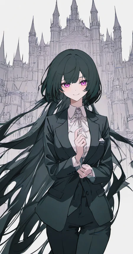 kuragecut,1girl,solo,blush,smile,((bob_cut,very long hair, long hair)),looking at viewer,black hair , cowboy shot ,breasts,medium breasts ,facing viewer , parted bangs, pink eyes , outdoors,castle,suit, best_quality,masterpiece,modern
<lora:kuragecut_v1_illustrious_xl:1>,rtist:yoneyama mai, (artist:wanke:1.1), artist:mocha, (cotton:1.1), artist:date, (senpen:1.1), artist:ciloranko, artist:noyu, noyu23386566, (artist:sho:0.8264462809917354), (sho lwlw:0.9090909090909091), year 2023, (solo:1.3310000000000004), lineart, monochrome, (disheveled hair:1.1), (dark heme:1.2100000000000002), chiaroscuro,