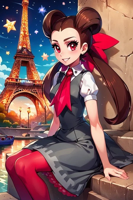 score_9, score_8_up, score_8, medium breasts, (curvy), cute, eyelashes,       BREAK, , ,,,   zzRoxanne, red eyes, long hair, brown hair, twintails, hair pulled back, pantyhose, ascot, grey dress, short sleeves, ribbon, shirt, hair ribbon, <lora:Roxanne_Pokemon_PDXL:1.0>, ,,, , BREAK, zzEiffelTower in background, sitting, watercraft, boat, sitting on wall, side view, looking at viewer, smile, ,,, BREAK, blooming stars, luminescent petals, otherworldly fragrance blurry background, ,,, embedding:zPDXL, Expressiveh, ,,, <lora:EiffelTowerPDXL:1.0>, <lora:CatalystStylePDXL:0.6>, <lora:SDXLFaeTastic2400:0.5>, <lora:Expressive_H-000001:0.4>,