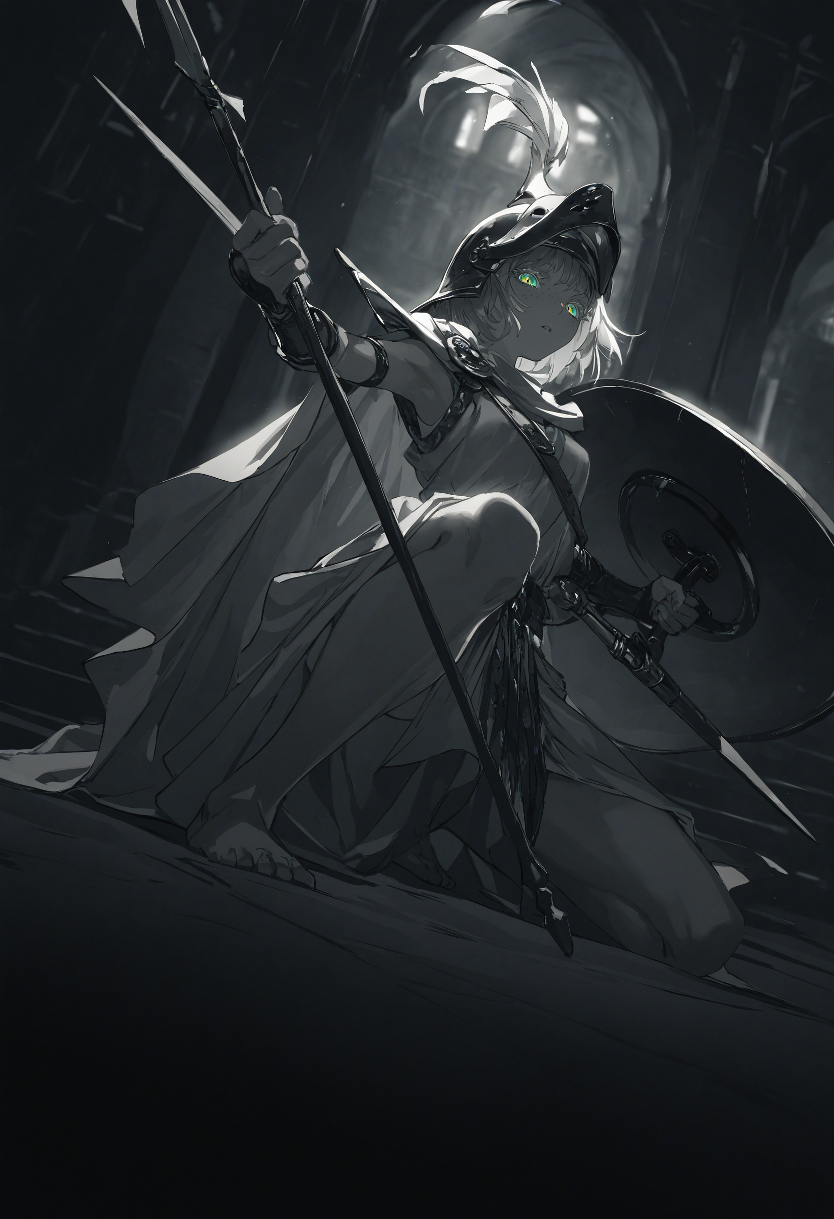 artist:[diyokama|say hana|yoneyama mai|lam],
1girl, ancient greek clothes, greco-roman clothes, red toga, cape clasp, solo, body freckles, on one knee, holding shield, holding polearm, thrusting, barefoot, spear, full body, plume, toes, parted lips, helmet, armor, small breasts, sheath, dutch angle, foreshortening, looking at viewer, colored eyelashes, long eyelashes, greco-roman architecture, 
dark, black theme, high contrast, backlighting, spot color, monochrome,
masterpiece, best quality, very awa, absurdres
<lora:noobai_vpred_1_ ancient_greek_clothes_v1:1>