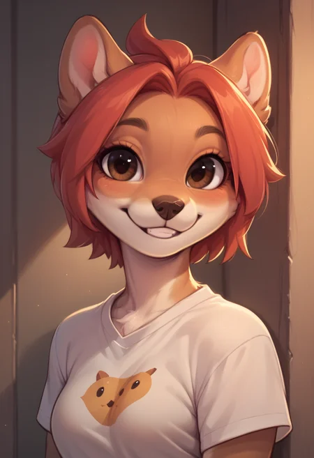 score_9, score_8_up, score_7_up, score_6_up, score_5_up, score_4_up, Moha, brown eyes, furry, anthro, looking at you, cute, smile, standing, portrait, t-shirt, detailed eyes, looking at you, smiling, cute, adorable, sexy, medium breasts, 8k <lora:add-detail-xl:2> <lora:Moha_Muhomora:0.8> <lora:OtherStyle_05V1:0.8>