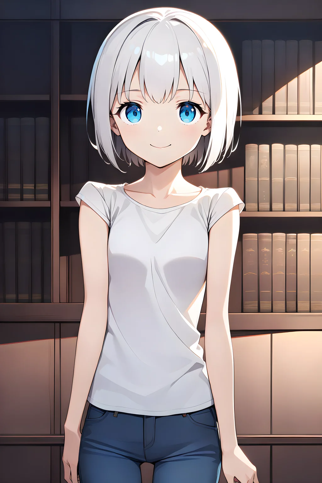 1girl, cowboy shot, standing, short hair, white hair, blue eyes, white shirt, T-shirt, cap sleeves, jeans, collarbone, closed mouth, smile, indoors, library <lora:CapSleeves_DoRA:1>