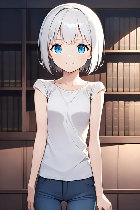 1girl, cowboy shot, standing, short hair, white hair, blue eyes, white shirt, T-shirt, cap sleeves, jeans, collarbone, closed mouth, smile, indoors, library <lora:CapSleeves_DoRA:1>