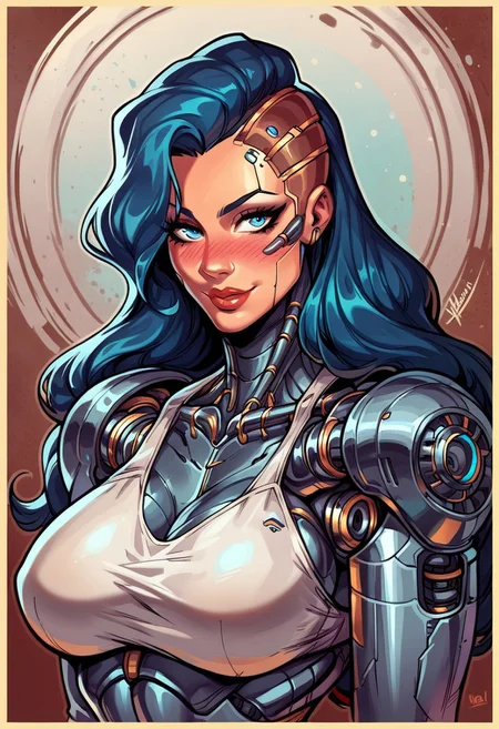 score_9, score_8_up, score_7_up, high quality, black and white with bright blue eyes, grayscale image, greyscale image, 1 women, ((cyborg clothing, in machine creation chamber)), flushed red cheeks, sexy, geometric shapes in the background, cyborg women, large breasts, long hair, love, unique view, love, happy, , aesthetic, (Yellow border around image,:1.3)