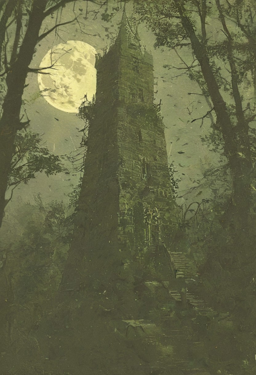 A secluded tower, ensconced in a foreboding, enchanted forest. Moonlight filters through the dense canopy, casting a silver glow on the tower's ivy-clad stones. At the top, a silhouetted figure gazes longingly at the stars, her presence a poignant reminder of the tower's secret. The forest whispers with the sounds of unseen creatures, adding a layer of mystery., 
in the style of 80s VHS tape dreamcore retro fantasy, nostalgic, dreamlike quality, VHS screen grab, film grain, static, blurriness, and subtle dust and dirt artifacts