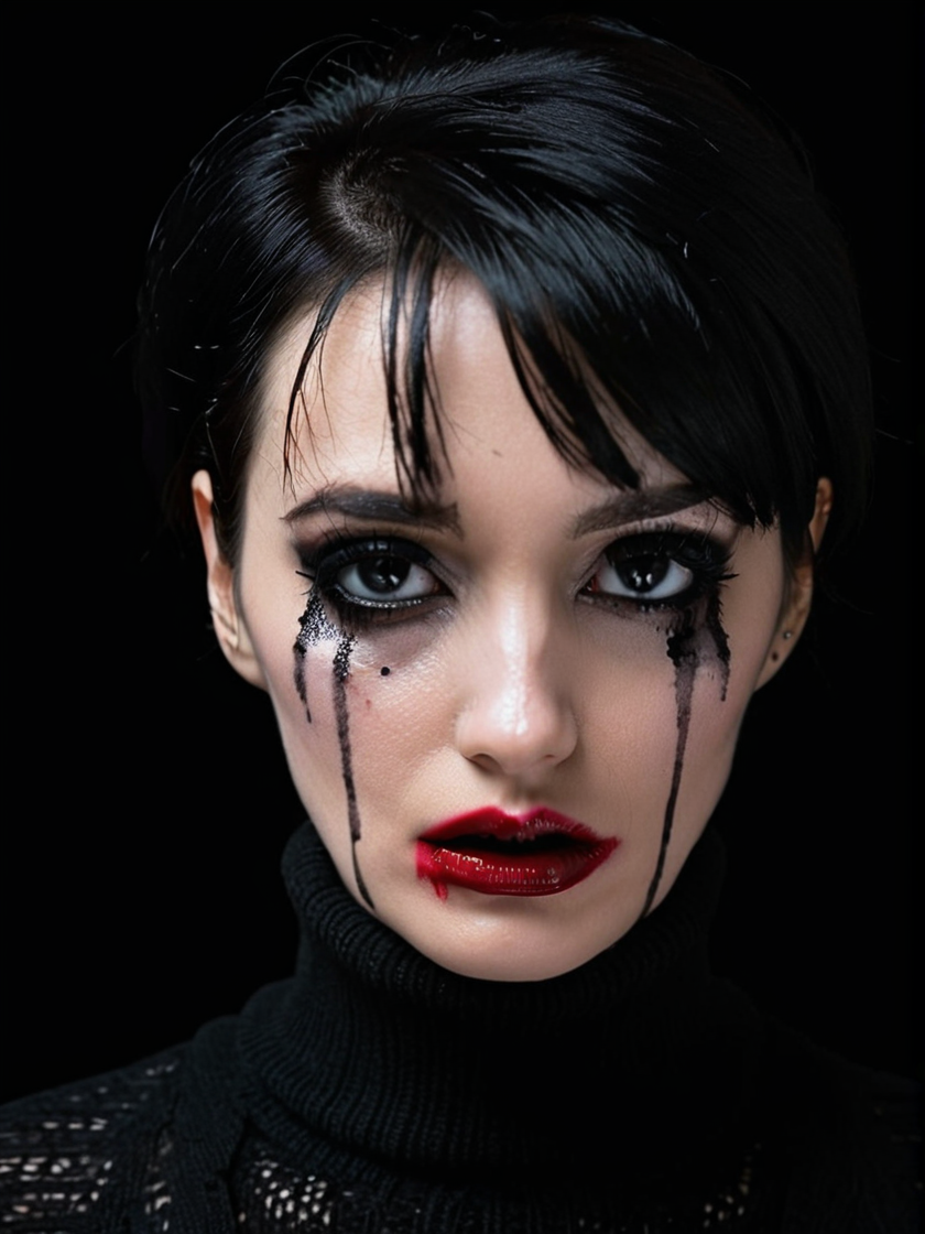 elegant goth woman in a turtleneck sweater with smearedmakeup, face, makeup, eyeshadow, lipstick, short black hair, black background, dark, looking at viewer, tears, background light,
 <lora:Smeared-Makeup-SDXL-000008:0.8>