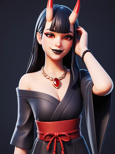 score_9, score_8_up, score_7_up, score_6_up, score_5_up, score_4_up,
BREAK
1girl, black hair, long hair, straight hair, blunt bangs, hime cut, gem necklace, red gem, red eyes, black eyeshadow, black lips, oni hornsm, adjusting hair, asymmetrical hair, seductive smile,
BREAK
solo, cowboy shot, black kimono, japanese clothes, off shoulder, medium breasts, cleavage,
BREAK
black background, 3d, <lora:Lunas-FortniteStyle-SDXL-A1:1>