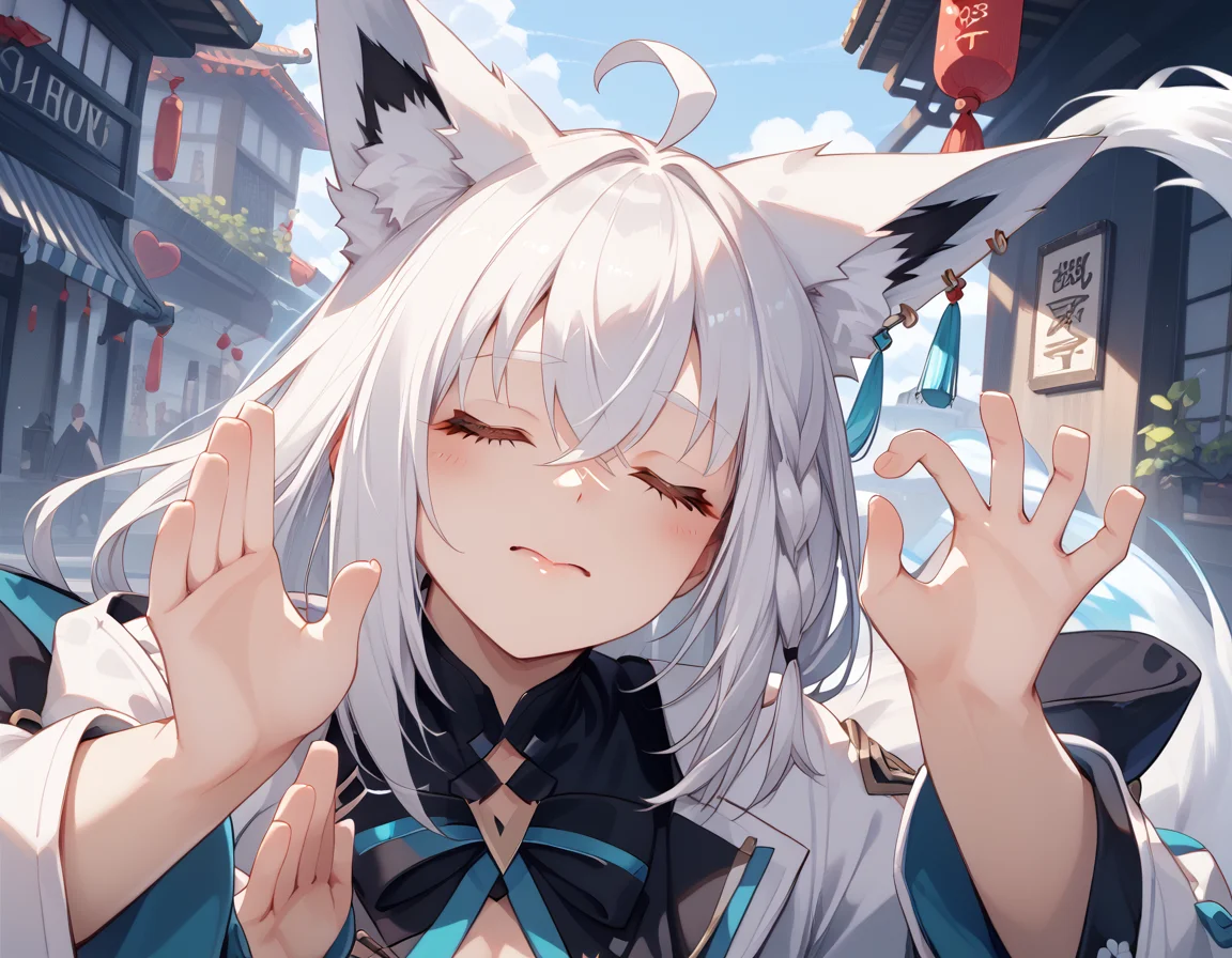 score_9, score_8_up, score_7_up, source_anime, <lora:add-detail-xl:1> Expressiveh, <lora:Expressive_H:1>
fubuki, white hair, single side braid, ahoge, piercing, fox tail
pachameme, hands up, ok sign, closed eyes, solo,
<lora:enhancerV4-pony:1> <lora:Pony_DetailV2.0:1> <lora:PachaMeme_pdxl_Incrs_v1:1> <lora:shirakami_fubuki_sdxl_pony-4:1>
