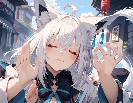 score_9, score_8_up, score_7_up, source_anime, <lora:add-detail-xl:1> Expressiveh, <lora:Expressive_H:1>
fubuki, white hair, single side braid, ahoge, piercing, fox tail
pachameme, hands up, ok sign, closed eyes, solo,
<lora:enhancerV4-pony:1> <lora:Pony_DetailV2.0:1> <lora:PachaMeme_pdxl_Incrs_v1:1> <lora:shirakami_fubuki_sdxl_pony-4:1>