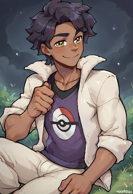 (masterpiece), score_9, score_8_up, score_7_up, score_6_up, score_5_up, score_4_up, 1boy, solo, Hop, dark purple hair, light brown eyes, dark skin, fur-trimmed jacket, shirt, pants, sitting, smile, pokemon (creature), fluffy sheep pokemon
Black outline, thick outline