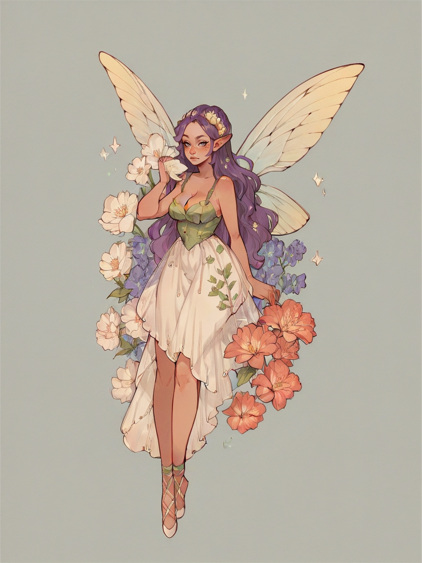 score_9, score_8_up, score_7_up, score_6_up, score_5_up, score_4_up,   <lora:s0ftf41ryXLP:0.7> s0ftf41ry, large flower, fairy, curvy, purple hair, 1girl,